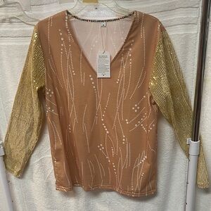 Women's Tan Top with Gold Sequin Sleeves PP83